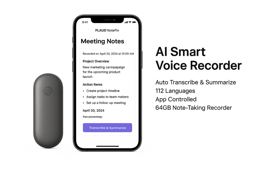 PLAUD AI Smart Voice Recorder – Auto Transcribe & Summarize | 112 Languages | App Controlled | 64GB Note-Taking Recorder